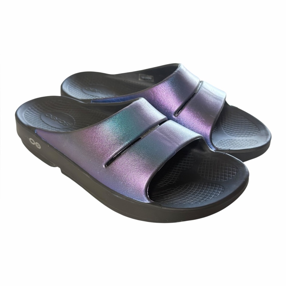 OOfos OOahh  Iridescent Luxe Slide Comfort Recovery Sandals Size W 9 - L 7 NEW - Picture 11 of 12